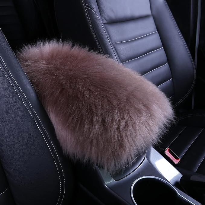 Furry Armrest Cover Auto Center Console Cover Car Soft Console Pad, Real Sheepskin Wool Soft Fluffy Auto Center Armrest Pad for Most Car Decoration Protector(Cameo Brown)