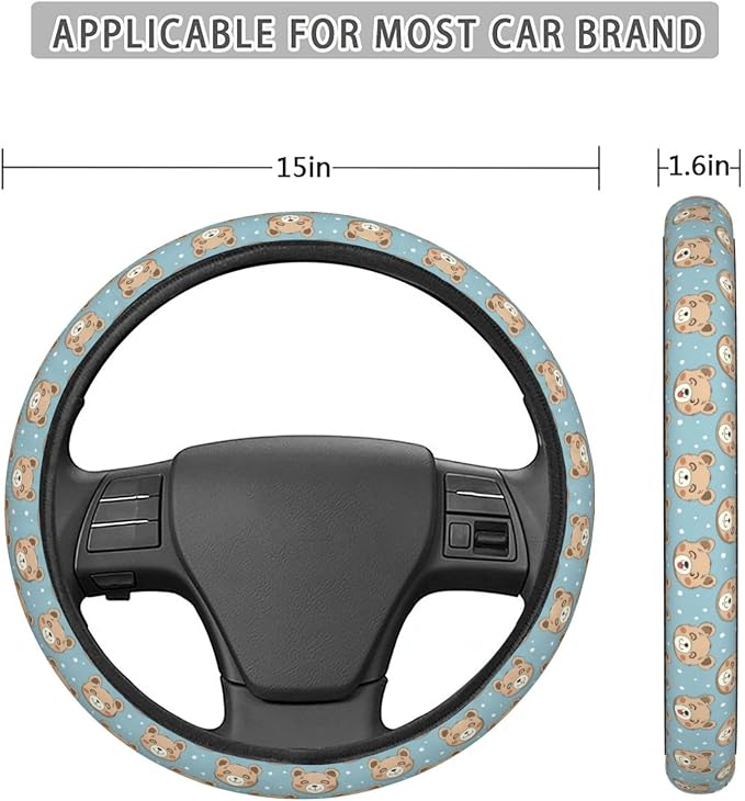 Cute Bear Love Steering Wheel Covers Anti-Slip Elasticity Car Accessories Steering Wheel Protector Universal 15 Inch for Cars SUV Vehicle Truck
