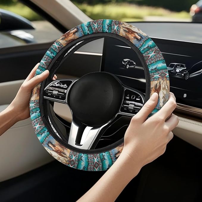 Car Steering Wheel Cover Universal 15 Inch Steering Wheel Wrap Anti-Slip Soft Elastic Decorative Auto Accessories All Weather Protection, Aztec Running Horse Teal