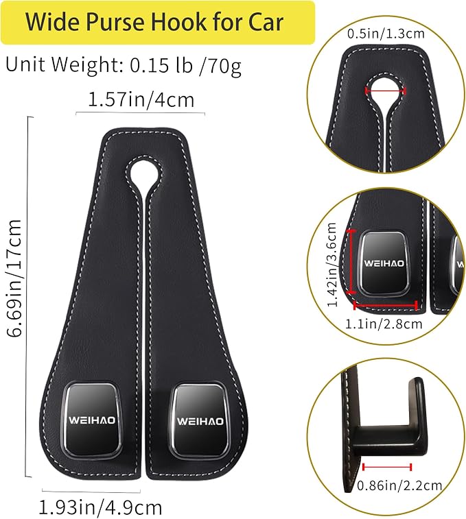 Wide Purse Hook for Car, Twin Hook Leather Car Headrest Hangers, Car Seat Back Storage Hook, Headrest Hooks Purse Bag Holder for Car Universal Fit Sedan Trucks SUVs Most Vehicles (Black-2PCS)