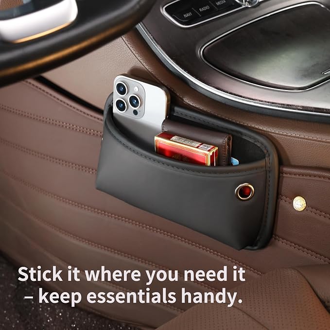 Car Seat Side Pocket Organizer, Nappa Leather Car Trunk Pouch Organizers and Storage, Small Car Side Seat Storage Bag for Auto Front Seat Back Seat Door Console Phone Sunglasses Cards Pen (Black-2PCS)