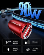 90W USB C Car Charger Fast Charge, PD45W & QC45W, Flush Fit, Extra 3.3ft Type C Cable, All Metal, Cigarette Lighter USB Charger for iPhone 16 15 Pro Samsung S25 S24 S23 Ultra Pixel 8/8Pro/7-Red