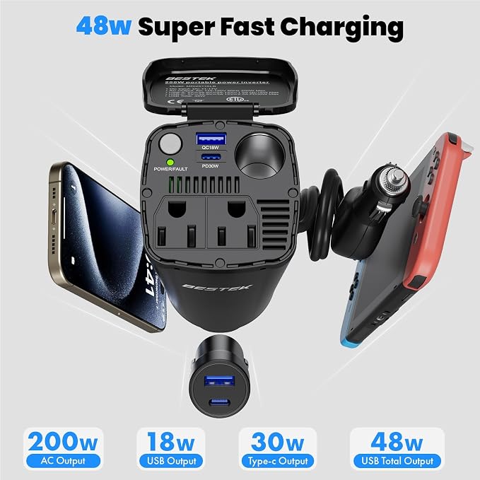 200W Power Inverter, 12V DC to 110V AC Car Plug Adapter Outlet Converter with [30W USB-C]/USB-Fast Charger(18W) / Dual AC Outlets/car Charger for Laptop