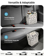 Corduroy Car Trash Can with Lid and Mesh Pockets - Leakproof Organizer,Multipurpose Waterproof Garbage Can/Trash Bin for Car(Off-White Base with Black Floral Print-2 Gallons)