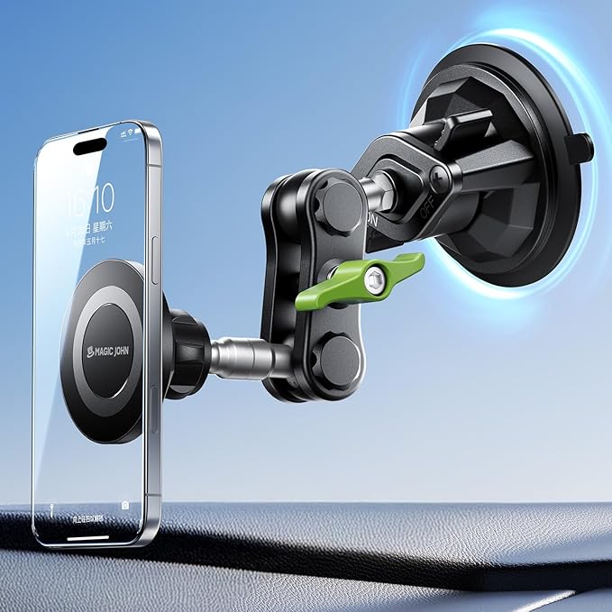 Magnetic Car Phone Holder [Strong Suction&Strong Magnetic] 360° Adjustable Car Phone Mount for Windshield, Ultra-Durable Metal, Suction Cup Car Phone Mount for iPhone Samsung All Smartphone
