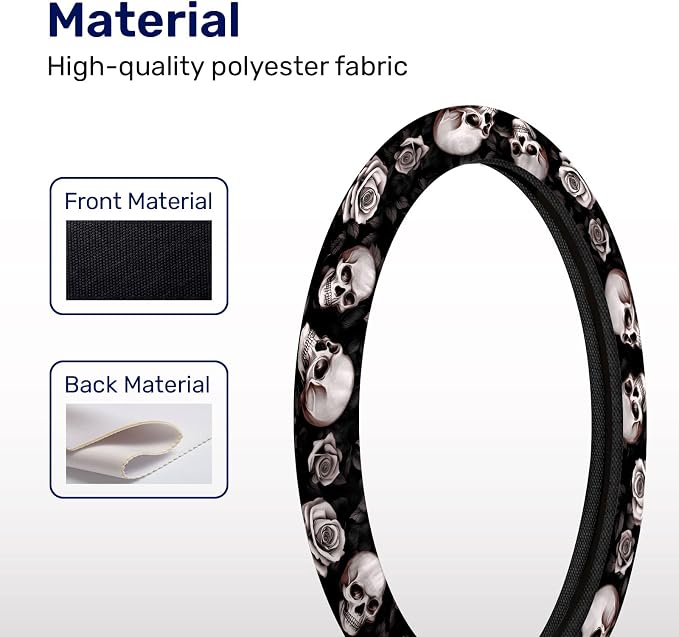 Rose Skull Steering Wheel Cover, Non Slip Polyester Car Wheel Protector for Car SUV Truck, Universal 15 Inch