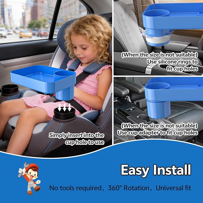 Car Seat Snack Tray for Kids Toddler Travel,Cup Holder Expander for Car,Toddler Travel & Road Trip Accessory for Mess-Free Snacking in The Car(Blue)