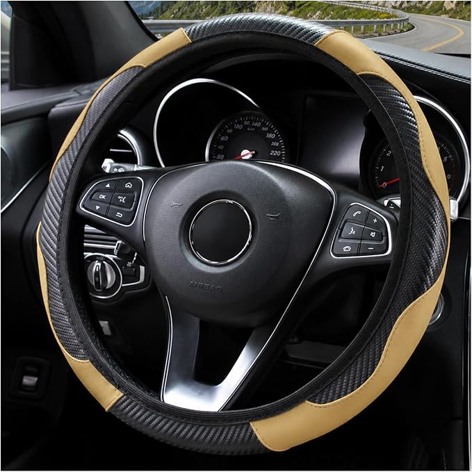 Car Steering Wheel Cover 15 inch, Microfiber PU Leather Elastic Steering Wheel Protector, Anti-Slip Breathable Car Interior Accessories for Most Cars (Beige)