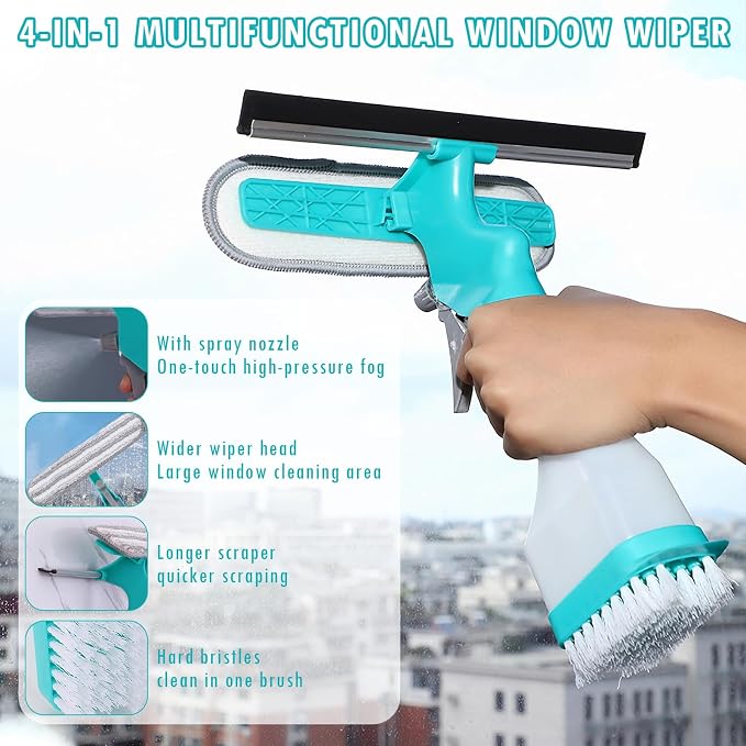 4 in 1 Window Cleaner Tool with Squeegee & Sprayer, 10" Streak-Free Scraper Kit with Microfiber Washer Head, Portable Multifunction Refillable Bottle for Glass/Shower/Car
