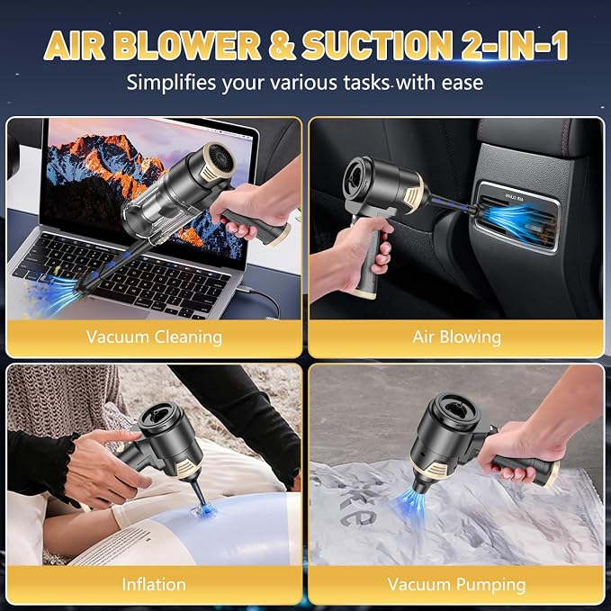 Handheld Car Vacuum Cleaner, 16000PA Air Duster & Vacuum Cleaner, 120W High Power Hand Held Vacuum Cordless, Portable Vacuum Rechargeable with Multi-Nozzles & LED Light for Car, Home, Pet, Office