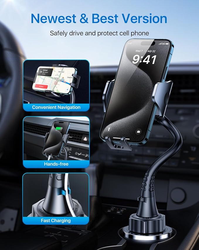 Upgraded 15" Cup Holder Phone Holder, 【Solidest & Adjustable】 Military-Grade Long Gooseneck Cup Phone Holders for Your Car Truck, Car Phone Holder for iPhone 17 Pro Max 16 15 14/Samsung/Pixel