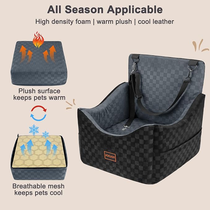 Elevated Dog Car Seat for Small/Medium Dogs up to 35 lbs, Memory Foam Booster Seat with Detachable Washable Cover, Travel-Safe Car Bed with Safety Belts & Storage Pockets, Dark Grey