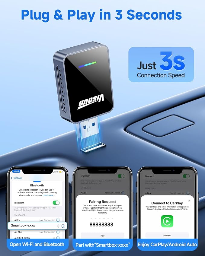 2-in-1 Wireless CarPlay & Android Auto Adapter, One-Click User Switching, Converts Wired to Wireless, Fit with iOS 10+ and Android 11+, Plug & Play, Supporting USB A & Type-C, Phantom Silver