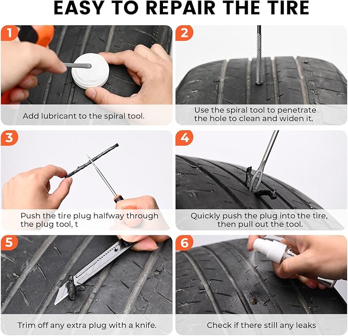Tire Repair Kit 42 Pcs, Heavy Duty Tire Plug Kit to Fix Punctures, Tire Repair Tool with Plugs for Car, Motorcycle, ATV, Jeep, Truck, Tractor, Gifts for Him Her Men Women, Vivid Orange