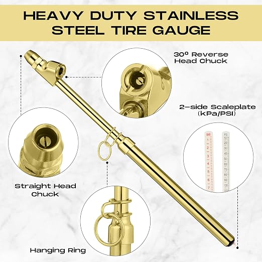 10 Pack Tire Pressure Gauge Heavy Duty Air Pressure Tire Gauge Dual Head Semi Truck Tire Pressure Gauge Range 10-150 PSI, Extended Tube Tire Gauge Suitable for Semi Truck, and Bus (Gold)