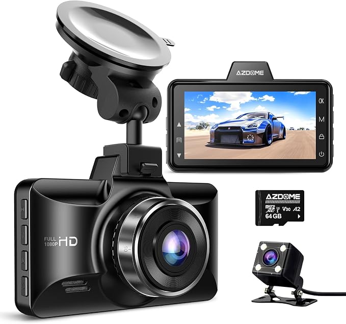 M01 Dual Dash Cam Front and Rear with Free 64GB Card, 3" Screen Dual Dashboard Camera for Car, Built-in ADAS G-Sensor, 24H Parking Mode Car Camera (M01 Pro)