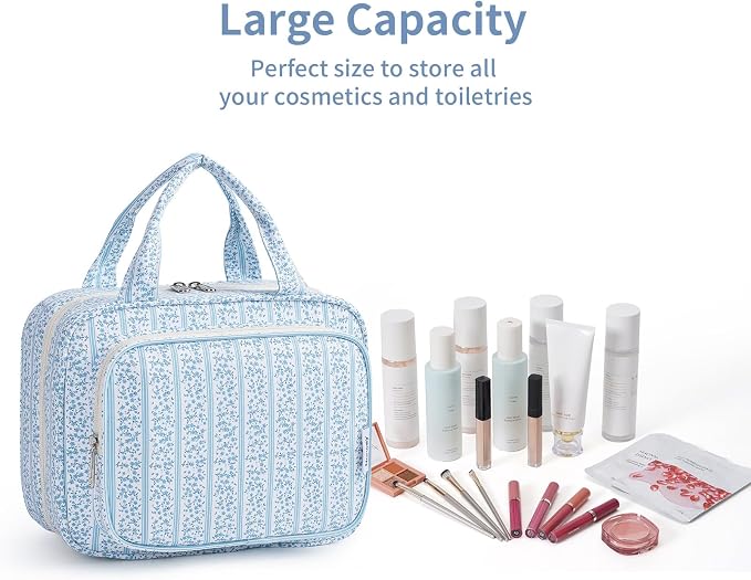 Hanging Toiletry Bag for Women Travel Makeup Bag Organizer Toiletries Bag for Travel Size Essentials Accessories Cosmetics (Blue Flower Buds (Medium))