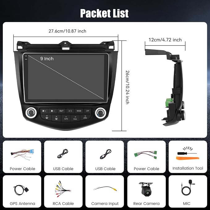 4+128G Android Car Stereo for Honda Accord 7th 2003 2004 2005 2006 2007, 9”Incell Touchscreen Radio with CarPlay, Android Auto, Bluetooth, GPS Navigation, WiFi, FM, RDS + AHD Backup Camera