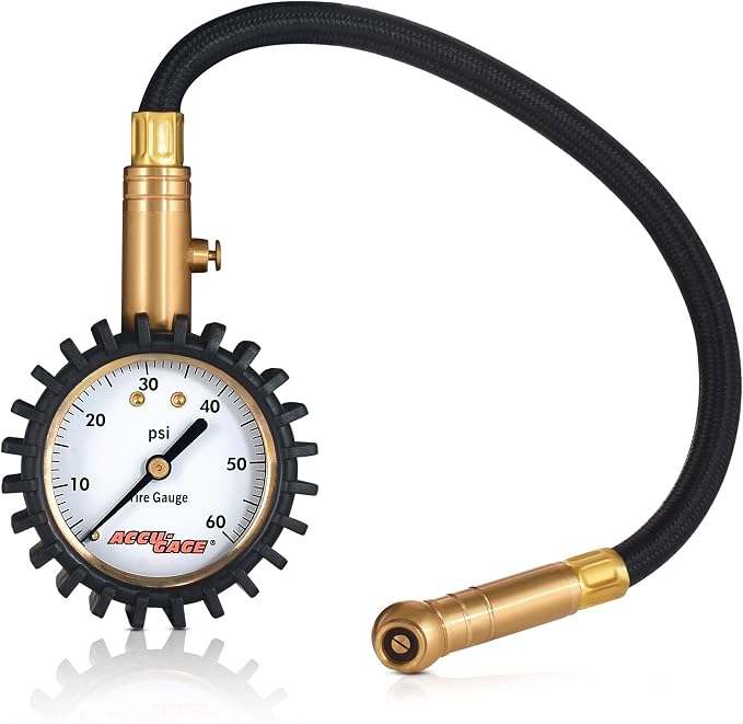 RH60XA Tire Pressure Gauge with Hose and Protective Rubber Guard, Angled Swivel Chuck, 60 PSI