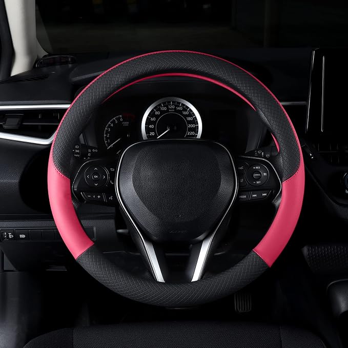 Auto Car Leather Steering Wheel Cover Anti Slip Wrap 15" (Hot Pink)