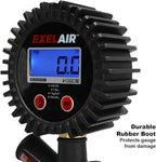 EXELAIR Digital Pistol Grip Tire Inflator Gauge EX0500D, Easy Clip Air Chuck, Easy to Read 0.1 Display, Pistol Grip Handle, 100 PSI Max Pressure, 16" Air Hose, 1/4" NPT (PSI, kPa, Bar, and kg/cm2)
