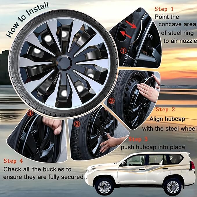 Hubcap Wheel Cover Replacement R16 Hub Caps Universal-Fit Steel Wheel Rim Cover ABS Material Exterior Accessories for Car Truck SUV -Set of 4（16-inch，Silver-Black）