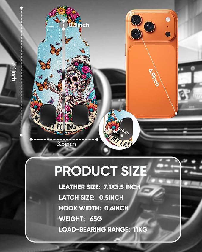 Purse Holder for Car, 2 Pack Heavy Duty Purse Hanger for Car, PU Leather Car Seat Hooks for Purses and Bags, Cute Skeleton Headrest Organizer for Handbags & Backpacks