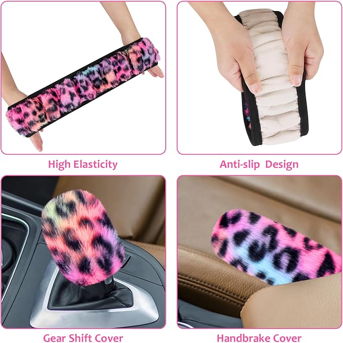 Fuzzy Car Steering Wheel Cover, Universal Fit Fluffy Auto Wheel Cover & Handbrake Cover & Gear Shift Cover Set, Leopard Print, Car Steering Wheel Cover Protector for Women Girls (Colorful)