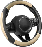 Car Steering Wheel Cover for Prius Civic Model 3 Model Y Camaro, Small Size 14-14.25 inch, Black and Beige Microfiber Leather