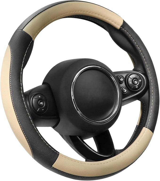 Car Steering Wheel Cover for Prius Civic Model 3 Model Y Camaro, Small Size 14-14.25 inch, Black and Beige Microfiber Leather