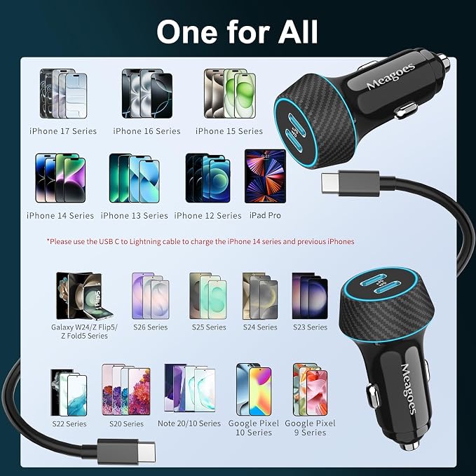 2 Pack 90W USB C Car Charger Super Fast Charging for iPhone 17 Pro Max/Air/16/15/iPad, Samsung S26 Android Phone, Dual 45W PD Port Auto Accessories, 12V Cigarette Lighter Adapter + 3.3 ft Type C Cord