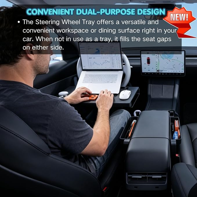 2-in-1 Car Steering Wheel Desk & Seat Gap Organizer Filler Tray | Foldable Adjustable Height Car Desk for Laptop Computer Tablet, Eating - Portable Table for Car Workstation Truck SUV Tesla