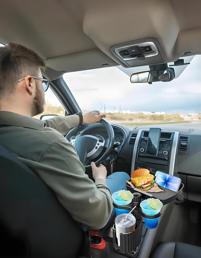 Car Cup Holder Tray - 4-in-1 Universal Car Cup Holder Expander with Snack Table and 3 Drink Mount for Automotive Road Trip, Driver and Front Passenger Organizer for Trucks, SUVs, Minivans