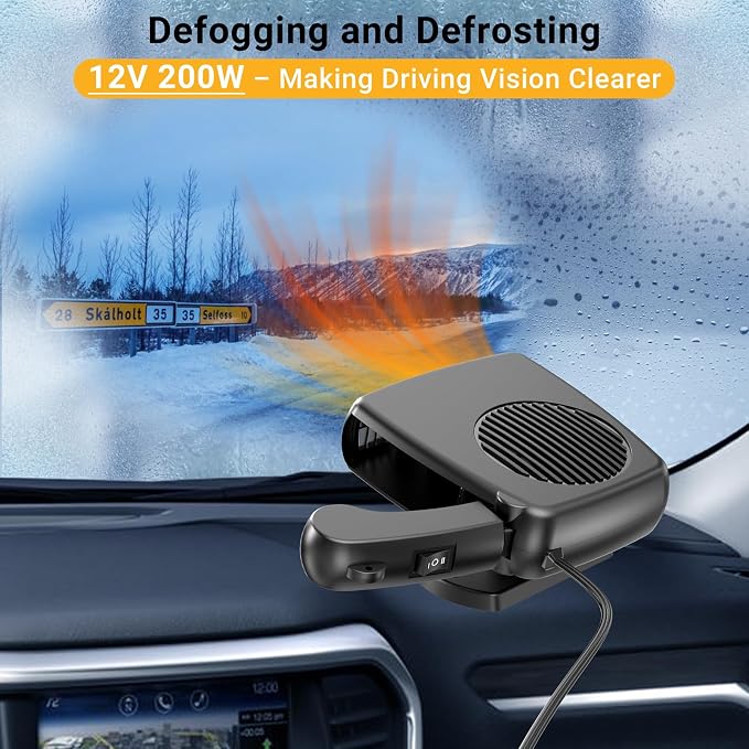 200W Car Heater, 12V Auto Part Vehicle Heater That Plugs into Cigarette Lighter, Portable Car Heaters and Defroster Windshield Defogger, Heaters for Vehicles with 360 Degree Rotary Base