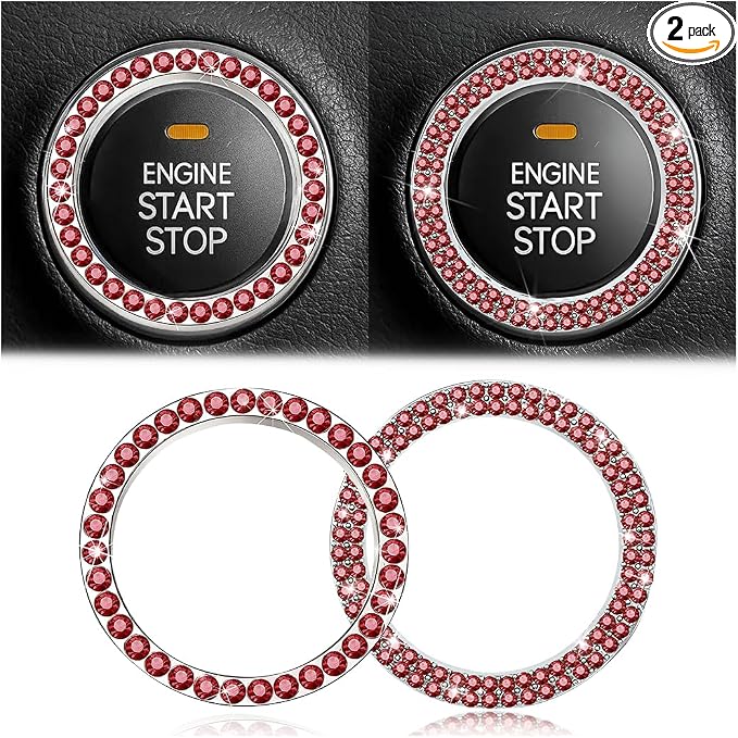 Car Bling Crystal Rhinestone Engine Start Ring Stickers, 1 Single Drainage Drill and 1 Double Drainage Drill Car Start Button Cover, Key Ignition Knob Bling Ring Decals, Bling Car Accessories(Set Red)