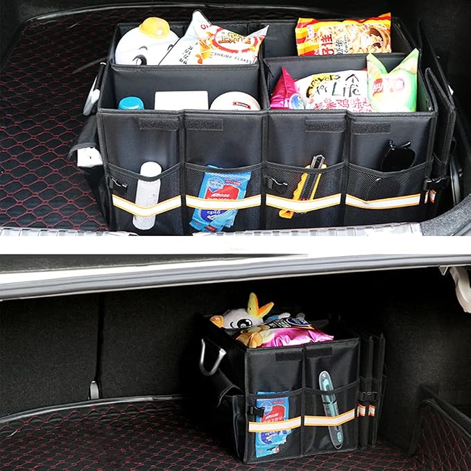 Car Trunk Organizer - Collapsible Trunk Organizer with Foldable Cover Aluminium Alloy Handle Reflective Strip for Auto, SUV, Truck, Minivan (S Black)
