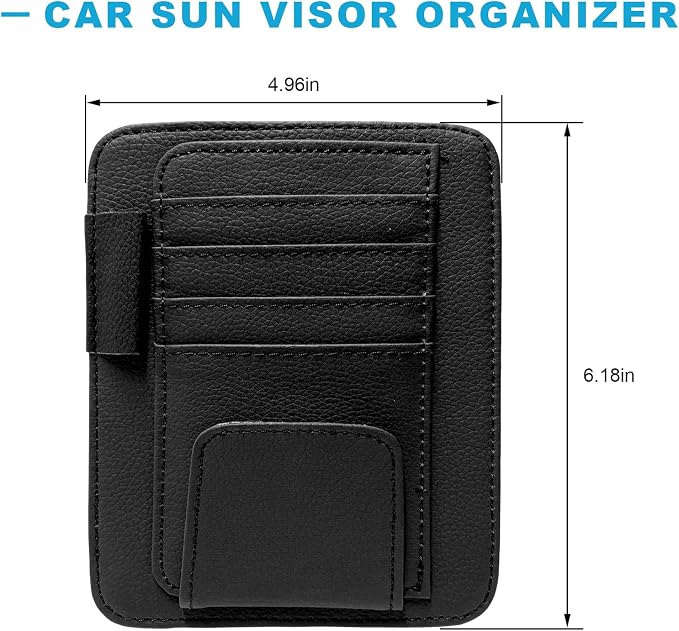 Car Sun Visor Organizer, Leather Auto Visor Card Holder with Sunglasses Clip, Multifunctional Sunvisor Storage Pouch Vehicle Interior Pocket for Driving License Pen Ticket (Black)