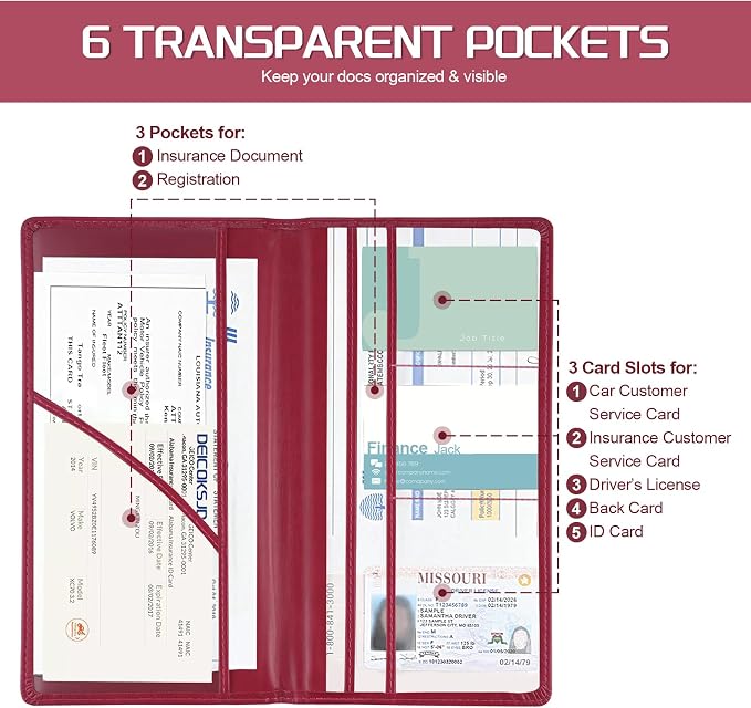 2Pack Car Registration and Insurance Holder,Car Document Holder for Cards License with Magnetic Shut,Vehicle Glove Box Car Organizer for Documents, Cards, License(Rose red)