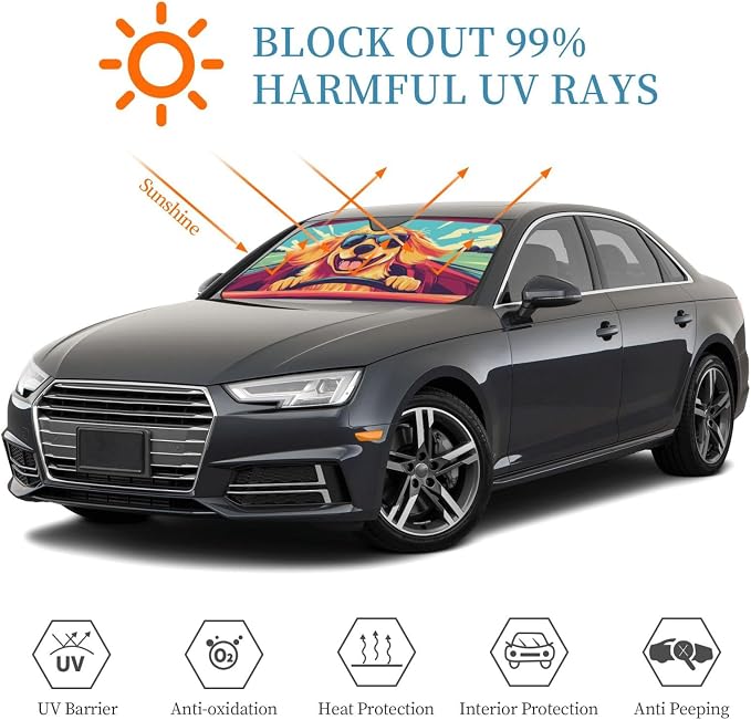 Windshield Sun Shade Driving Dog Funny Car Front Window Sunshade Cover for Truck SUV Blocks UV Rays Automotive Visor Interior Protector 55 x 30 inch