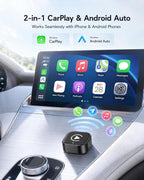 USB-C Wireless CarPlay & Android Auto Adapter, 2-in-1 Plug-in Adapter for Factory Wired CarPlay/Android Auto Cars, Converts Wired to Wireless, Auto Reconnect, 5GHz WiFi, USB Adapter Included