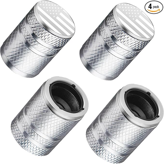 Tire Valve Stem Caps - (4 Pack) American Flag Metal Air Caps with Plastic Liner, Durable, Corrosion Resistant and Leak-Proof, Universal Fit for Cars, Trucks, Motorcycles, and Bikes - Silver