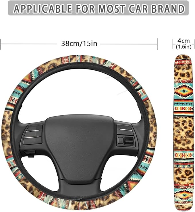 Car Steering Wheel Cover Universal 15 Inch Auto Accessories Car Interior Decoration for Women Men Fit SUV Sedan Van Truck, Vintage Aztec Leopard Print