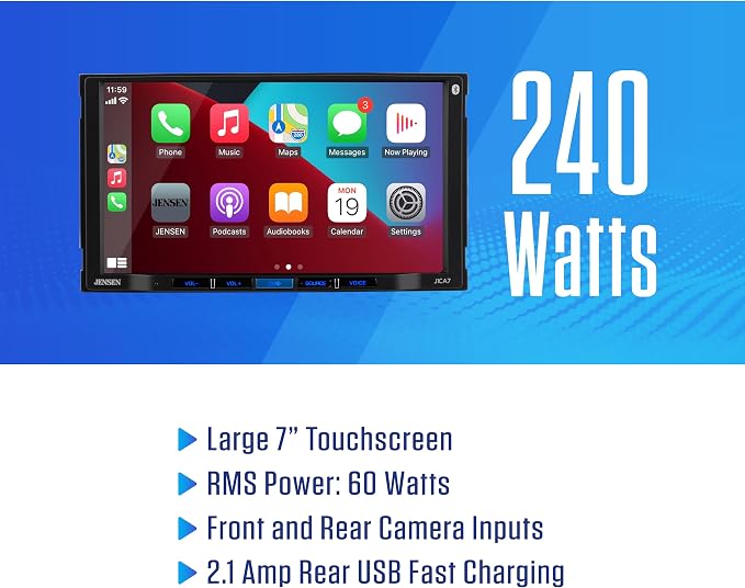 J3CA7W 7" Wireless Apple CarPlay Android Auto Double DIN Car Stereo | Wired or wireless Certified Apple CarPlay and Android Auto, 7-inch touchscreen, Bluetooth, backup camera input, USB
