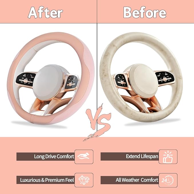 6 PCS Nappa Microfiber Leather Pink Steering Wheel Cover Set, Breathable Fabric Steering Wheel Cover 14.5-15inch Universal, Car Center Console Cover, Seat Belt Cushion, Cup Holder Coaster