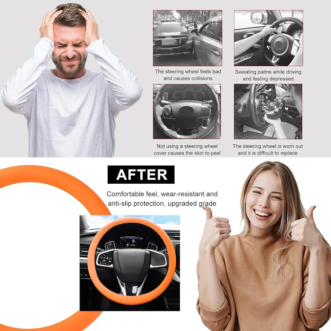 Car Steering Wheel Cover, 13 to 14.17 inches Anti-Slip Silicone Steering Wheel Protector, Soft Flexible Shock-Absorbent Steering Wheel Protective Cover for Most Car Models (Orange)