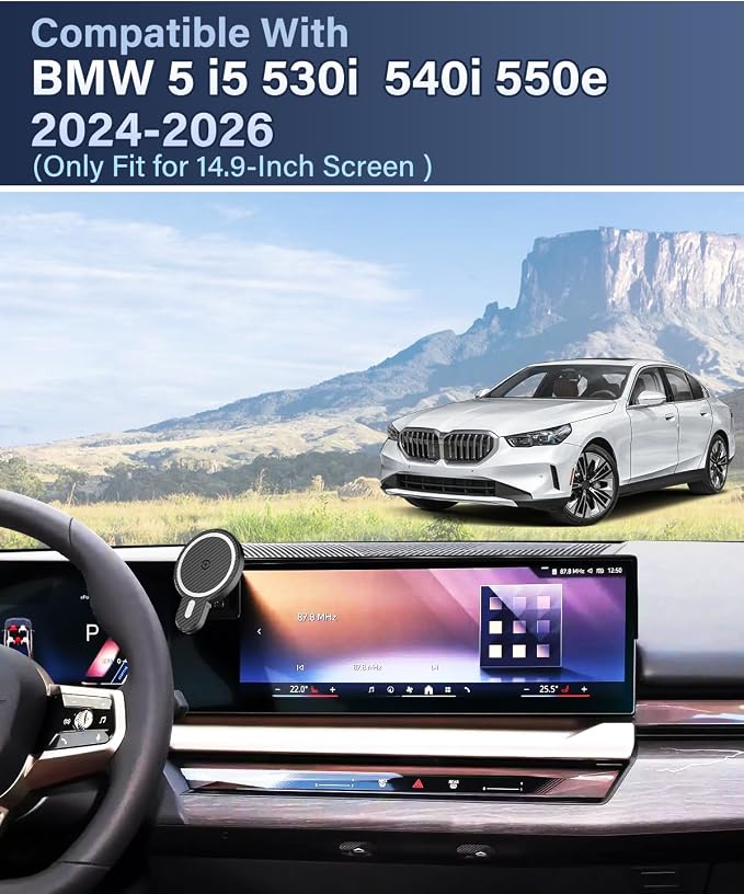 PZK Car Phone Holder for 2024-2026 BMW 5 Series/BMW i5 /BMW 530i 540i 550e | 14.9-Inch Screen Magnetic 15W Fast Wireless Charger Car Phone Mount Fixed Screen 360° Rotation Hands-Free Phone Cradles