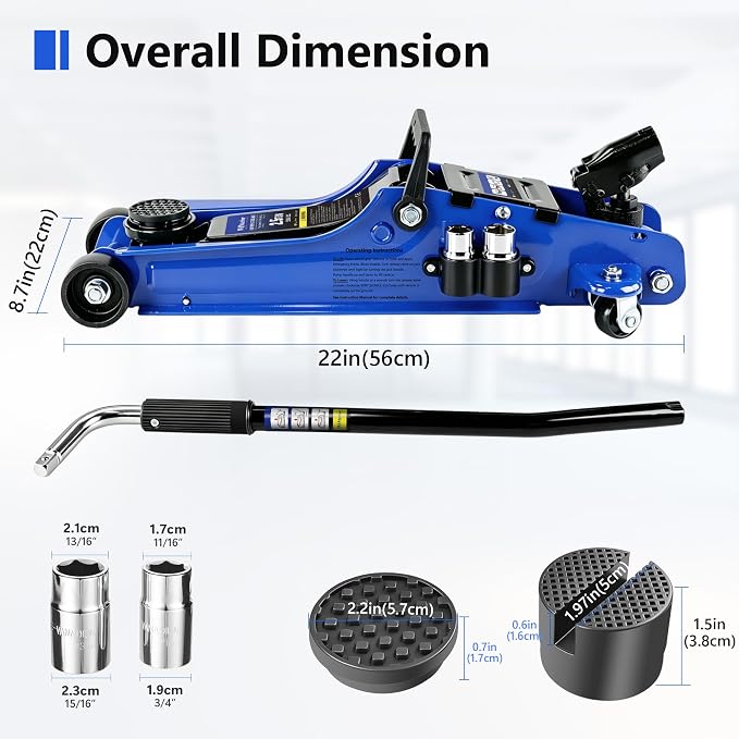 2.5T Floor Jack, 5500 lbs, 3.35"-14.96" Lift, Tire Kit, Pads, Sockets & Bag | Steel jack, 3.35"-14.96" lift. 360° swivel handle, rear casters. Includes tire kit, 2 rubber pads, 2 sockets & bag.