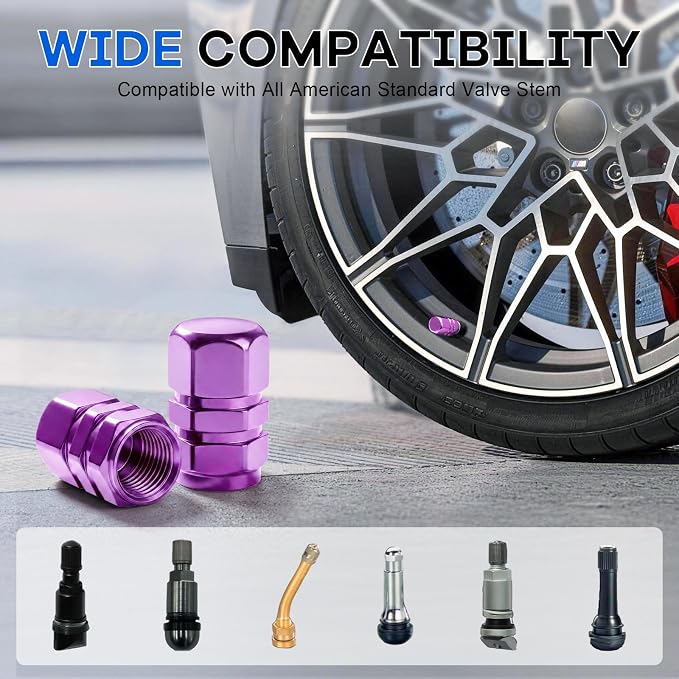 Car Tire Valve Stem Caps, 12pcs Air Caps Cover, Universal for Cars, SUVs, Bike, Trucks and Motorcycles-Purple