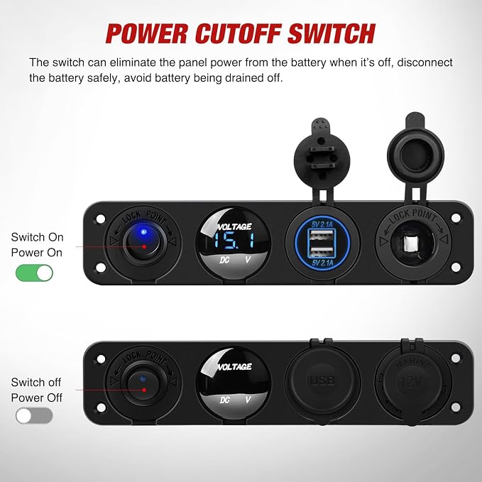 4 in 1 Outlet Socket Panel 12V DC 4.8A Dual USB 12 Volt Cigarette Lighter LED Voltmeter ON Off Rocker Toggle Switch for Marine Boat Truck Car