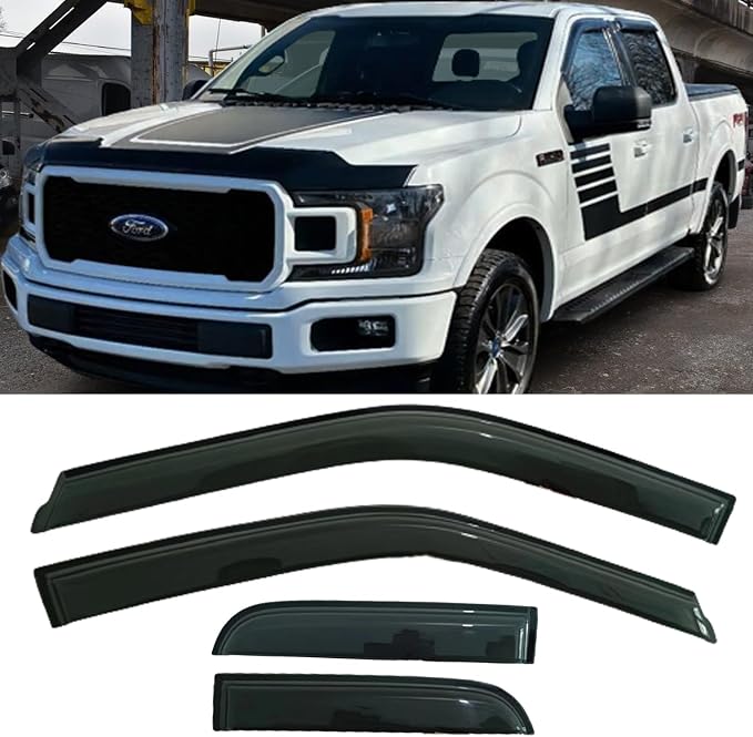 Window Visors Rain Guards Side Wind Deflectors for 2015-2025 Ford F150 Extended Cab/Super Cab 2017-2025 F250/350 SuperDuty Super Cab, Window Vent Sun Shade Smoke 94974 4-Pieces Set